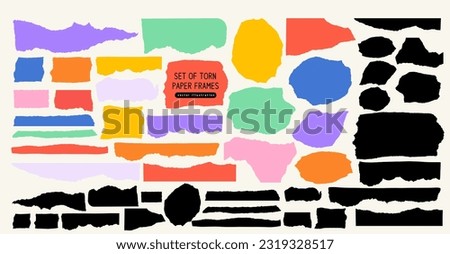 Set of Torn Paper Frames. Colored and black vector collage shape of ripped papers silhouettes isolated on white background. Old vintage paper backgrounds. Abstract overlay scratched design. Stock foto © 