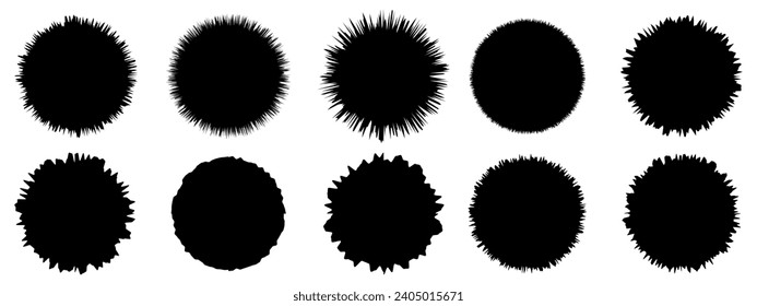 Set of torn paper frames. Jagged round shape silhouettes collection. Black grunge elements. Vector Papers isolated on white background.