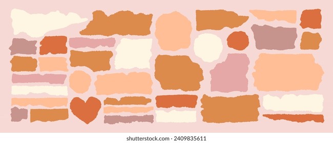 Set of torn paper frames. Peach Fuzz color palette collage shape of ripped paper silhouettes. Old vintage paper backgrounds. Abstract ripped paper pieces for note and scrapbooking. Vector illustration
