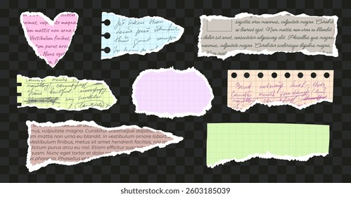 Set of torn paper with handwritten text on checkered background