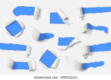 Set of Torn Paper Holes on white paper background, realistic vector illustration