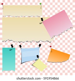 Set of torn paper lists with different color and shadow, as well as paper clips and buttons. Vector illustration.