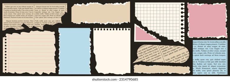 A set of torn paper, notebook sheets, old newspaper. Trendy elements for collage.  Vector contemporary illustration.