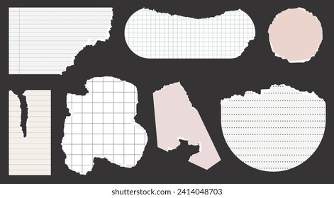 A set of torn paper, notebook sheets lined, squared, dotted, craft paper. A set of elements for a collage. Vector fashion illustration.
