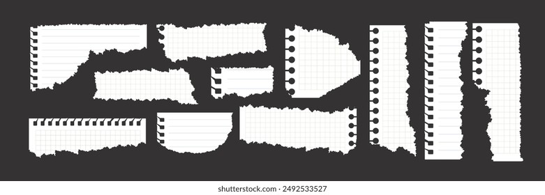 Satz zerrissenes Papier. Notizbuchblätter und -fetzen einer Notizbuchseite mit unebenen Kanten. Vektorgrafik Design Vorlage im gealterten Stil.