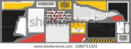 A set of torn paper. Notebook sheets, price tags, barcode, newspaper clipping and paper. Trendy vector elements for collages.