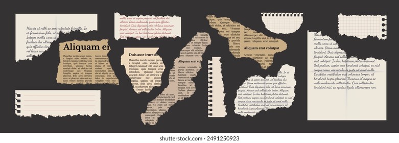 Set of torn paper. Notepad sheets, scraps of notebook page, torn letter and newspaper. Vector design template in aged style.