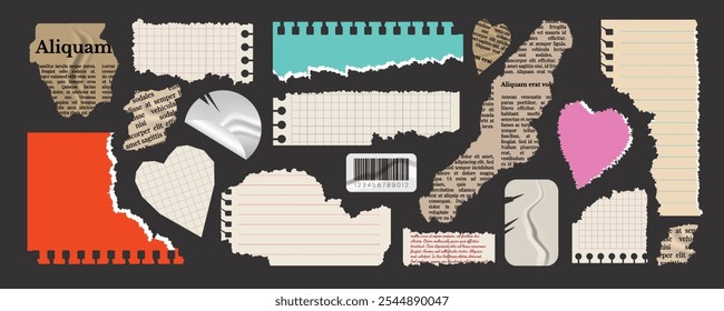 Set of torn paper. Notepad sheets, scraps of notebook page, torn letter and newspaper, cut out hearts, stickers. Vector design template in aged style.