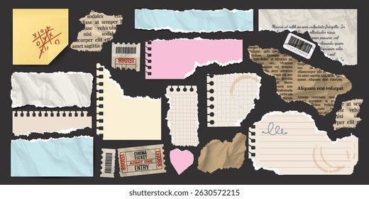 Set of torn paper. Notepad sheets, scraps of notebook page, torn crumpled old letter, newspaper and movie tickets. Vector design template in aged style.