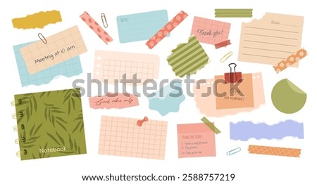 Set of torn paper notes, stickers, to do lists, duct tapes, paper clips. Isolated sticky craft elements and reminders for scrapbooking, collages, and mood boards. Vector illustrations on white.