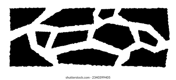 Fijar o desgarrar piezas de papel. Formas de corte negro con bordes jaleados. Colección de fragmentos de material extraído. Conjunto de elementos de grunge texturizado para collage, cuadro de texto, pancarta, pegatina. Ilustración del vector