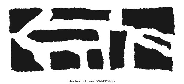 Set or torn paper pieces. Black cutout shapes with jagged edges and corners. Ripped material fragments collection. Textured grunge element bundle for collage, text box, banner, sticker. Vector