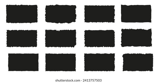 Set of torn paper pieces. Black grunge jagged rectangle frames. Vector torn paper sheet for sticker, collage, banner. Ripped shapes silhouettes isolated on white background