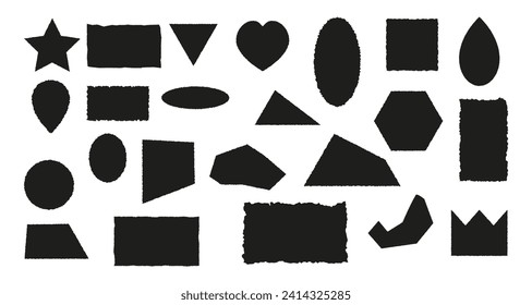 Set of torn paper pieces. Black grunge jagged heart, crown, drop, star frames. Vector torn paper sheet for sticker, collage, banner. Ripped geometric shapes silhouettes isolated on white background.