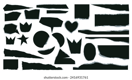 Set of torn paper pieces. Black grunge jagged heart, crown, speech bubble, star frames. Vector torn paper sheet for sticker, collage, banner. Ripped geometric shapes isolated on white background.