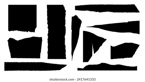 Set of torn paper pieces. Black grunge jagged borders, corners and rectangular frames. Vector torn paper sheet for sticker, collage, banner. Ripped geometric shapes isolated on white background.
