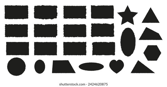 Set of torn paper pieces. Black grunge jagged heart, crown, drop, star frames. Vector torn paper sheet for sticker, collage, banner. Ripped geometric shapes silhouettes isolated on white background.