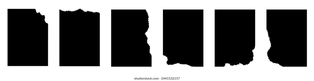 Set of torn paper pieces. Black grunge jagged vertical rectangle frames. Vector torn paper sheet for sticker, collage, banner. Ripped shapes silhouettes isolated on white background.