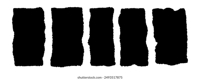 Set of torn paper pieces. Black grunge jagged rectangle frames. Vector torn paper sheet for sticker, collage, and banner. Ripped shapes silhouette isolated on a white background
