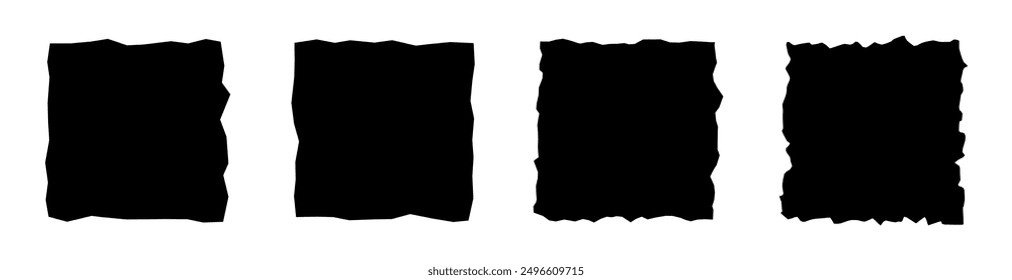 Conjunto de trozos de papel rasgados. Marcos cuadrados irregulares negros del grunge. Hoja de papel rasgada de Vector para pegatina, collage, Anuncio. Siluetas de Formas rasgadas aisladas sobre fondo blanco.