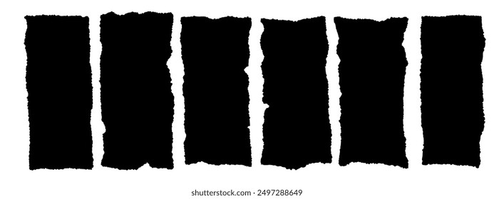Set of torn paper pieces. Black grunge jagged rectangle frames. Vector torn paper sheet for sticker, collage, banner. Ripped shapes silhouettes isolated on white background