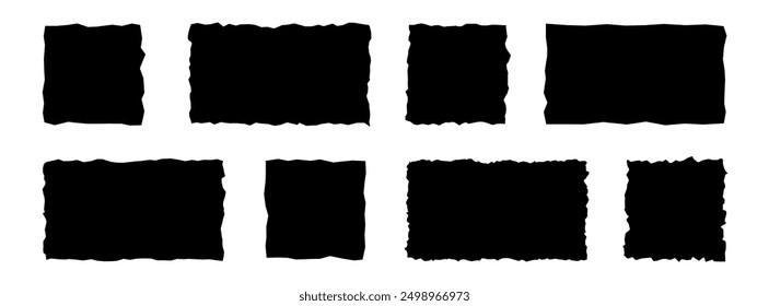 Set of torn paper pieces. Black grunge jagged rectangle and square frames. Vector torn paper sheet for sticker, collage, banner. Ripped shapes silhouettes isolated on white background.