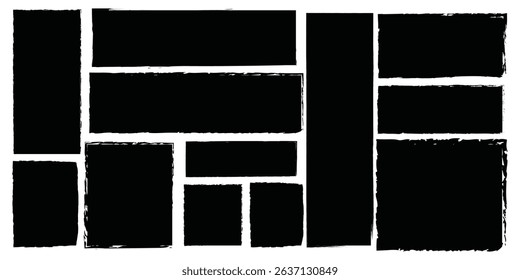 Set of torn paper pieces. Black grunge jagged rectangle frames. Vector torn paper sheet for sticker, collage, banner. Ripped shapes silhouettes isolated on white background