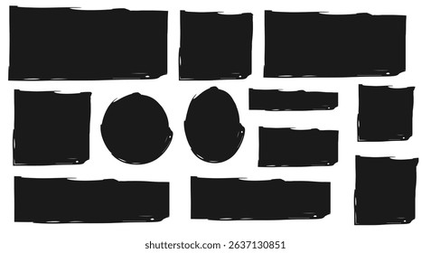 Set of torn paper pieces. Black grunge jagged rectangle frames. Vector torn paper sheet for sticker, collage, banner. Ripped shapes silhouettes isolated on white background