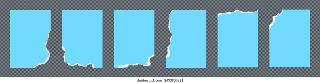 Juego de trozos de papel rasgados. Marcos de rectángulo vertical dentado azul grunge. Hoja de papel rasgada vectorial para pegatina, collage, banner. Siluetas de formas rasgadas aisladas sobre fondo png
