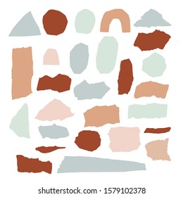 Set of torn paper pieces of different shapes in pastel colors isolated on white background. Cut paper for the text. Stock vector illustration