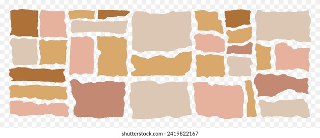 Set of torn paper pieces of different shapes in pastel colors on isolated checkered background. Cut beige paper collection for the text. Jagged rectangles. Stock vector illustration