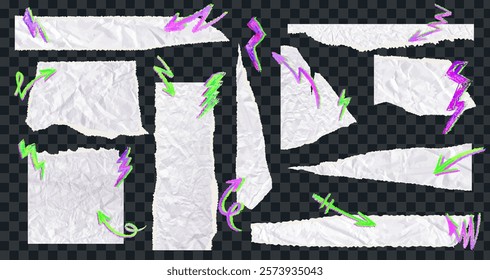 Set of torn paper pieces with neon green arrows and acid pink thunder. White grunge jagged borders, corners and rectangular frames with graffity elements. Vector torn paper sheet for sticker collage