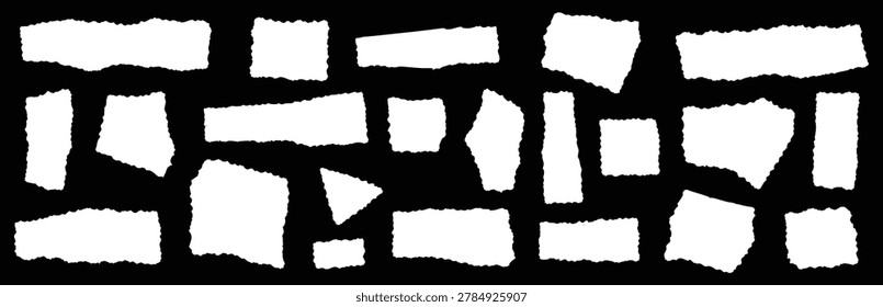 Set of torn paper pieces with rough edges, ripped paper scraps isolated on black background, collection of blank white paper fragments for design