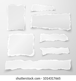 Set of torn paper pieces. Scrap paper. Object strip with shadow isolated on gray background. Vector illustration