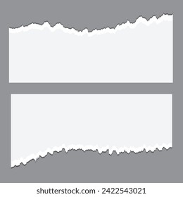  Conjunto de piezas de papel roto. Papel desechable. Tira de objetos con sombra aislada en el fondo gris. Ilustración del vector