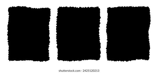 Set of torn paper pieces textures. Black rectangle shapes with ripped edges. Empty jagged text box, label, tag, patch, collage element templates isolated on white background. Vector flat illustration