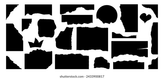 Set of torn paper pieces. Vector torn paper sheet for sticker, collage, banner. Black grunge jagged heart, crown and abstract frames. Ripped geometric shapes isolated on white background.