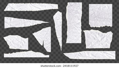 Set of torn paper pieces. White grunge jagged borders, corners and rectangular frames. Vector torn paper sheet for sticker, collage, banner. Ripped geometric shapes isolated on grey background.