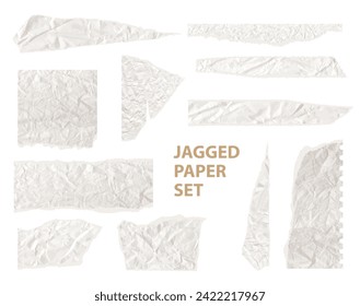 Set of torn paper pieces. White grunge jagged borders, corners and rectangular frames. Vector torn paper sheet for sticker, collage, banner. Ripped geometric shapes isolated on white background.