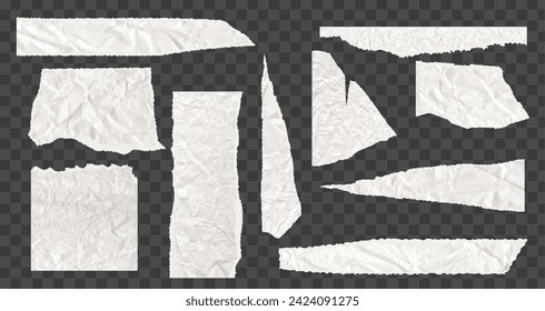 Set of torn paper pieces. White grunge jagged borders, corners and rectangular frames. Vector torn paper sheet for sticker, collage, banner. Ripped geometric shapes isolated on grey background.