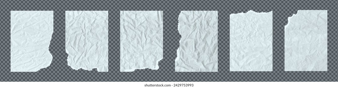 Set of torn paper pieces. White grunge jagged rectangle frames. Vector illustration of torn paper sheet for sticker, collage, banner. Ripped abstract textured shapes silhouette of notepaper or leaflet