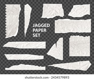 Set of torn paper pieces. White grunge jagged borders, corners and rectangular frames. Vector torn paper sheet for sticker, collage, banner. Ripped geometric shapes isolated on grey background.