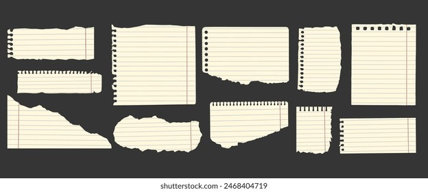 Set of torn paper sheet in retro style for scrapbooking. Notebook ripped paper scraps. Vector torn paper edges clipart.