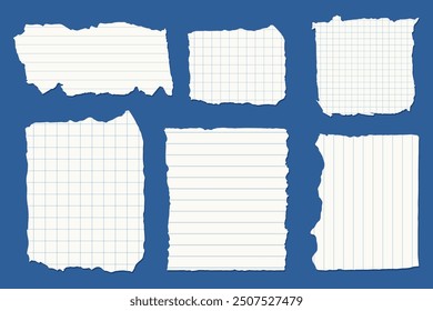 Set of torn paper sheets with different types of lines and grids.  Perfect for scrapbooking, digital collages, note-taking designs, or any creative project needing a raw, handmade feel.