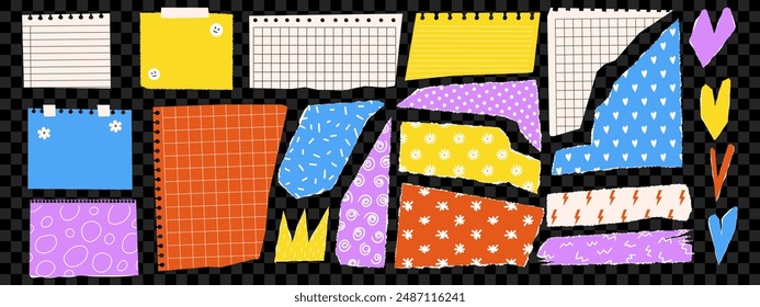 Set of torn paper and sheets with funny pattern. Design elements for contemporary art collage. Vector illustration.