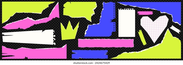 A set of torn paper, sheets, magazines, in bright contemporary colors on black checkered background. Vector design elements.