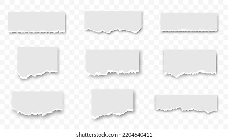 Set of torn paper sheets on transparent background. Collection of paper of various shapes torn fragments of scraps. Sticky notes, scraps of pages. Realistic torn paper with torn edges. Vector