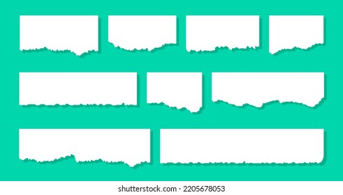 Set of torn paper sheets on colored background. Collection of paper of various shapes torn fragments of scraps. Sticky notes, scraps of pages. Realistic torn paper with torn edges. Vector