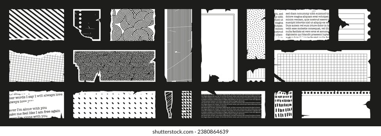 Set of torn paper sheets, ripped notebook pages with geometric pattern.  
Old dust texture, noise, scratches and abrasions. Trendy vector isolated elements.