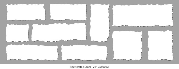 Set of torn paper sheets. Set of ripped paper strips laid out on white. Ripped paper strips collection. Torn paper strips set. Sticky notes, shreds of notebook pages. Vector illustration	